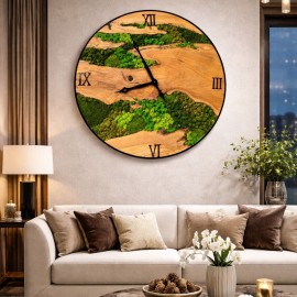 Horloge design murale en chêne et mousse naturel 90 cm ( unique )