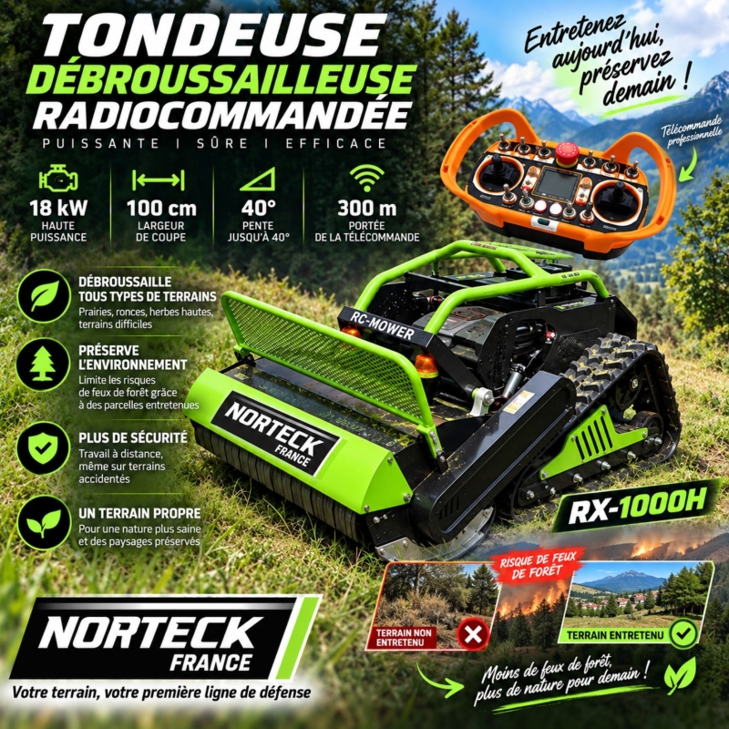Tondeuse Débroussailleuse Radiocommandée – 18 kW – Coupe 100 cm – Pente 40° – Portée 300 m